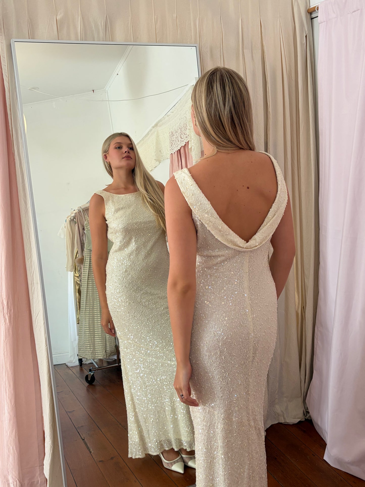 Vintage 90s silk beaded high neck gown with low back