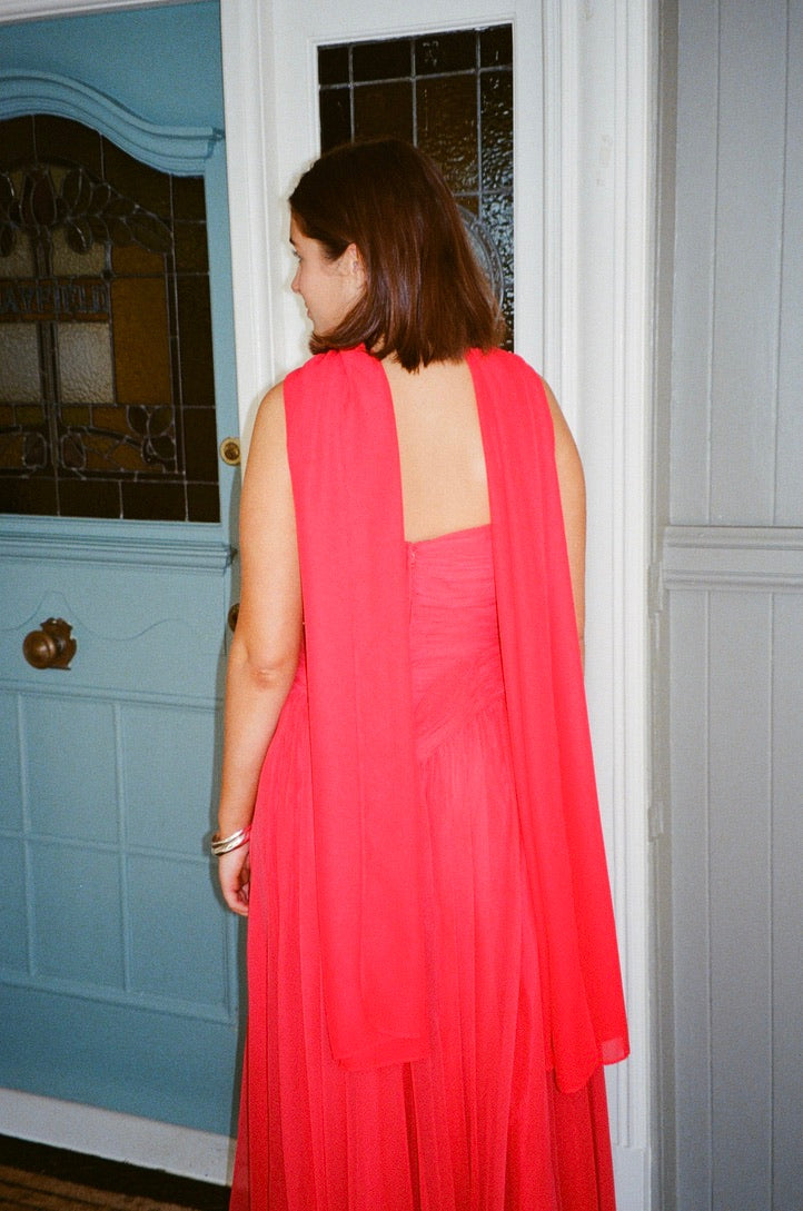Vintage 80s red strapless basque waist gown with pleated bodice