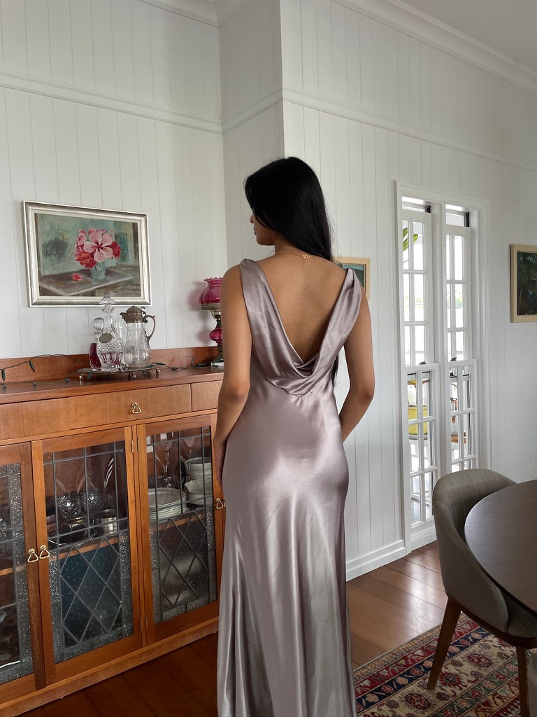 Vintage y2k  satin gown with draped back mocha