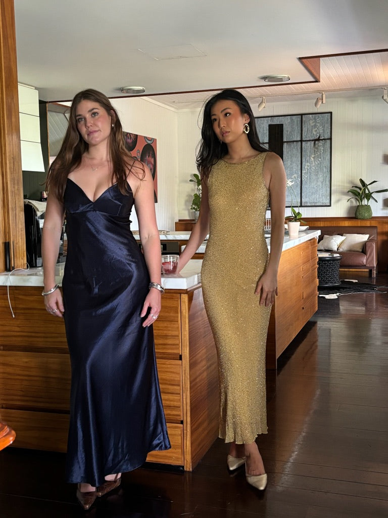 Vintage 90s navy satin open back evening gown