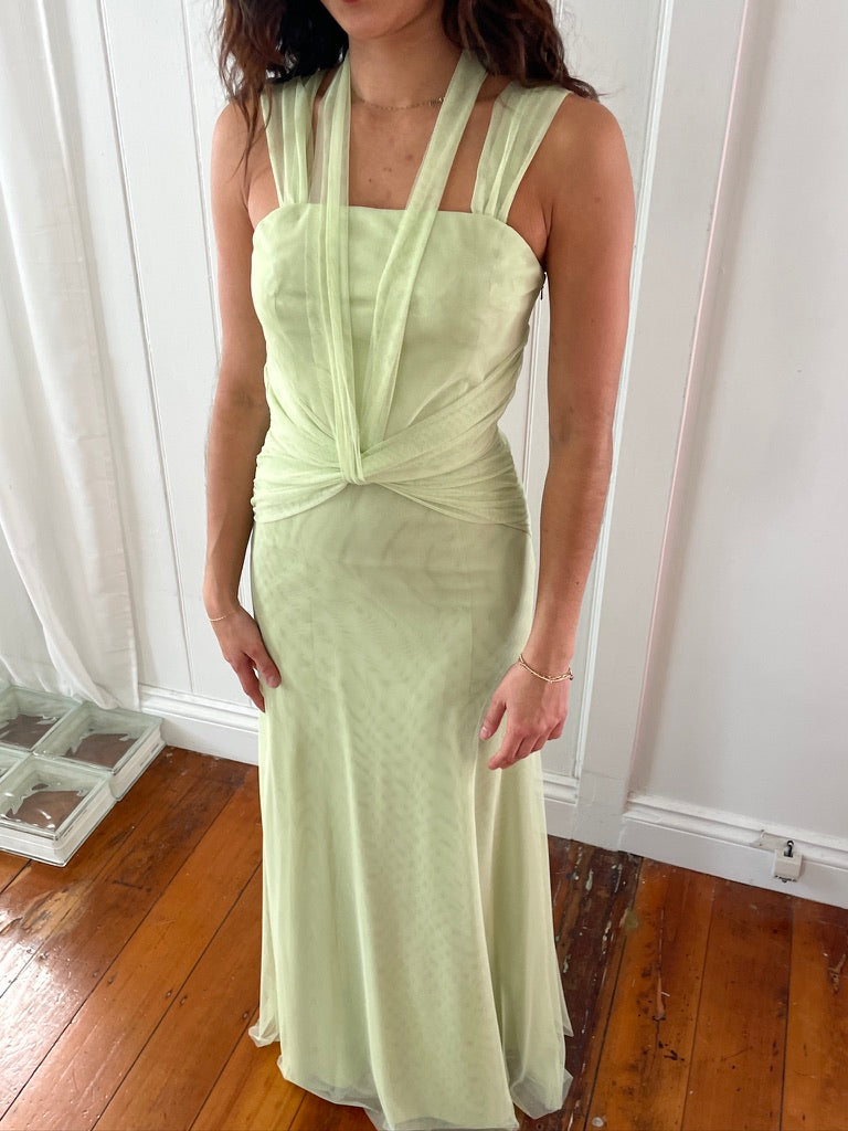 Vintage Y2K Vera Wang matcha tulle gown with tie