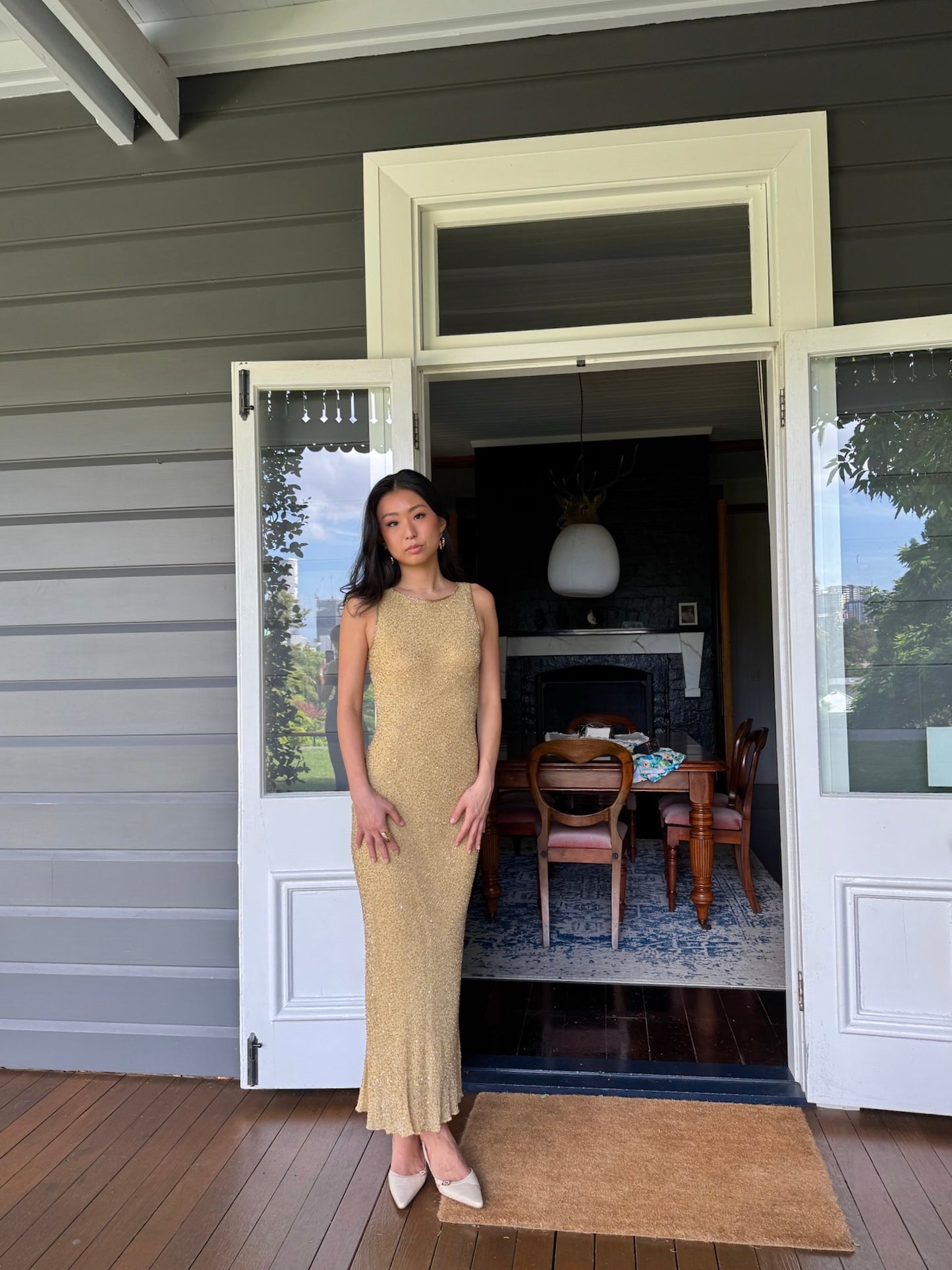 Vintage 90s gold beaded high neck evening dress with open back