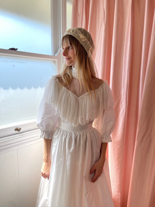 Vintage 70s taffeta puff sleeve tiered wedding dress