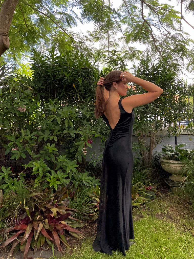 Vintage 80s does 30s black satin open back gown