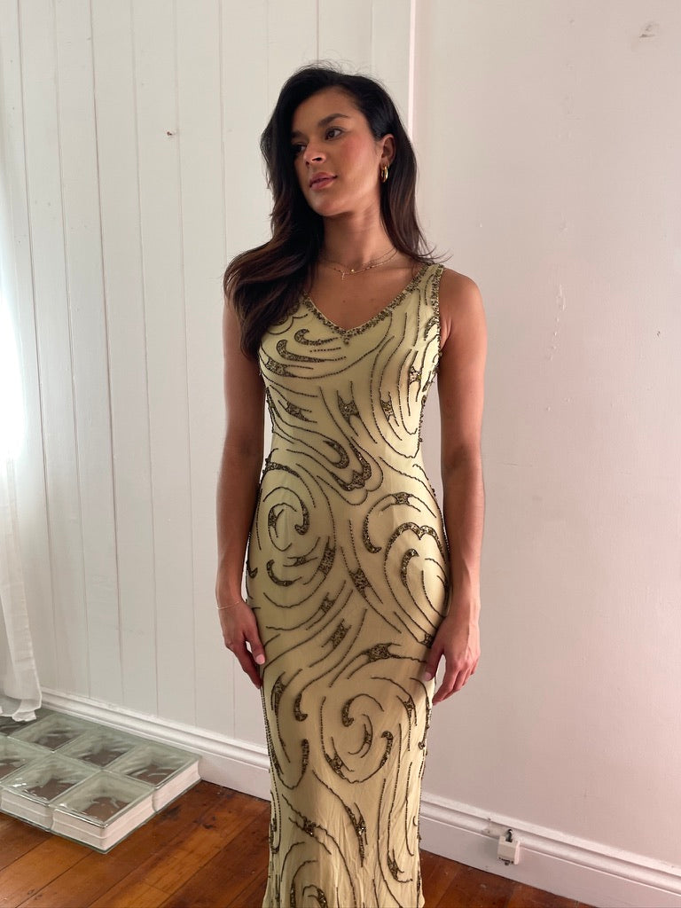 Vintage Y2K Sue Wong pistachio green silk beaded midi dress