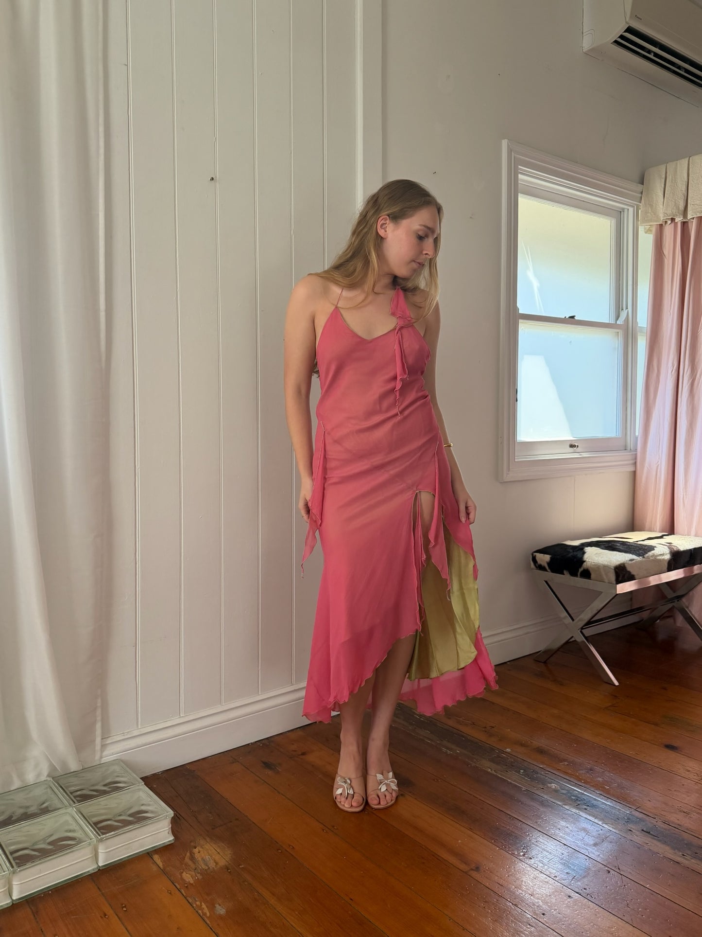 Vintage 1990 Jenny Bannister pink green silk halter maxi dress