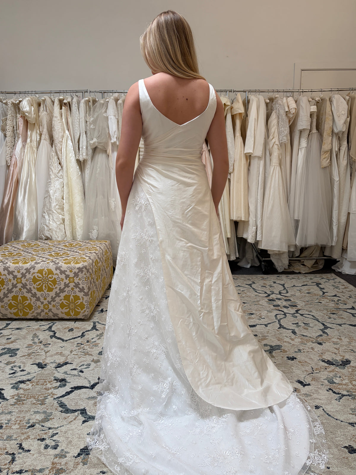 Vintage 00s V-neck draped silk taffeta lace wedding gown with train