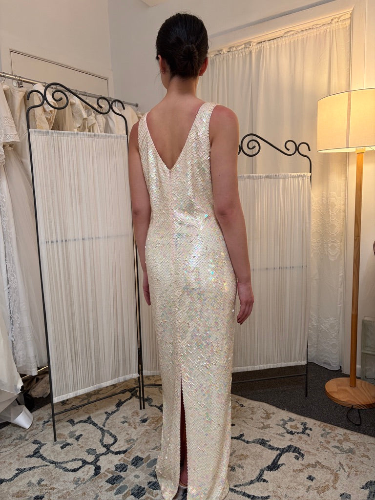 Vintage 90s Frank Usher iridescent square sequinned evening gown