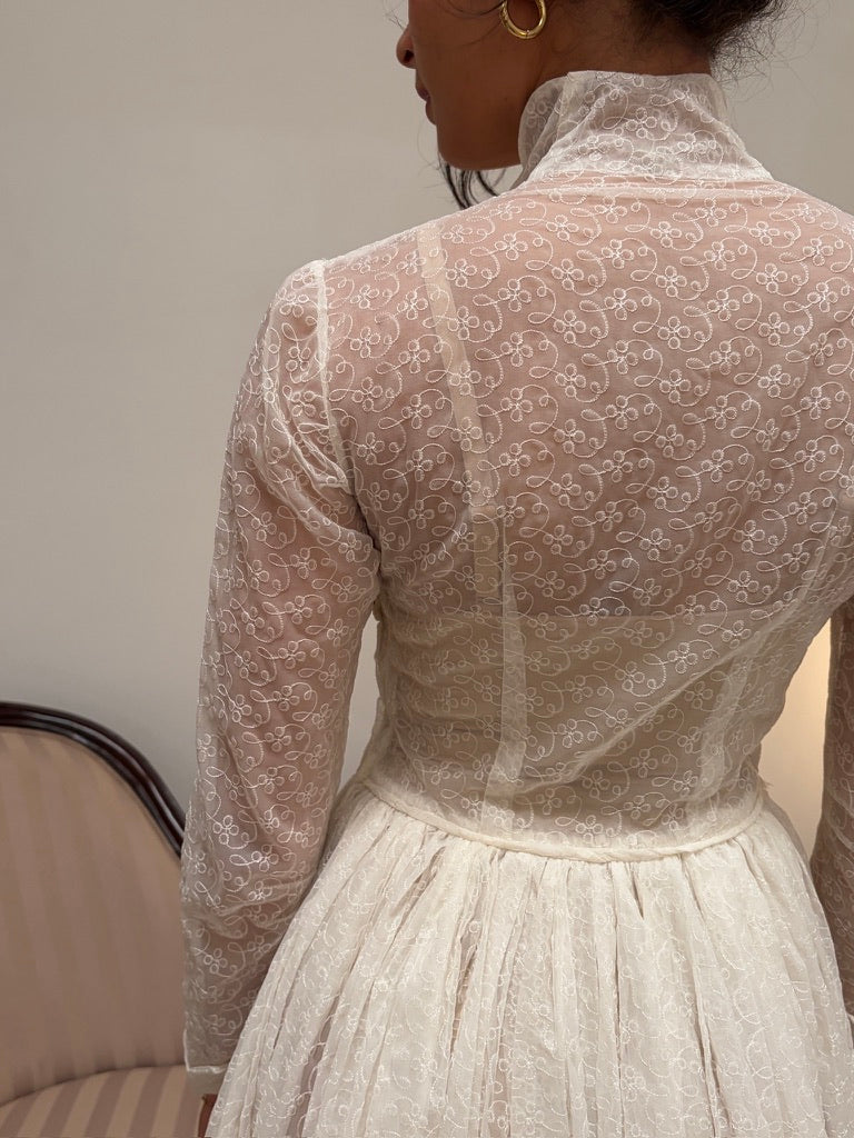 Vintage 60s long sleeve semi sheer lace high neck wedding gown