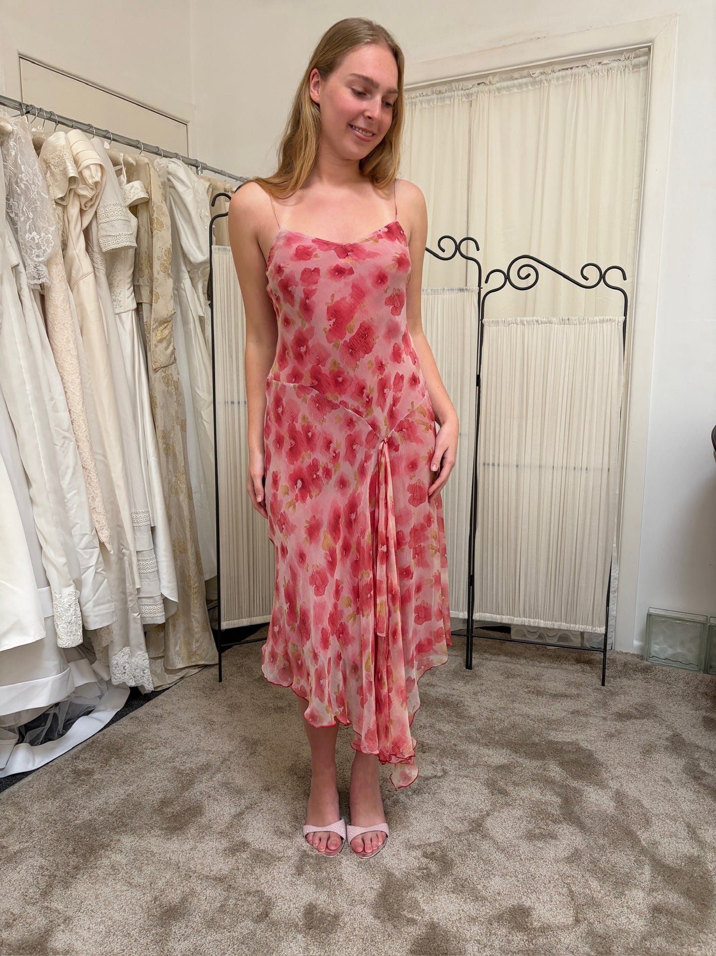 Vintage 00s bias cut pink floral watercolour silk slip dress