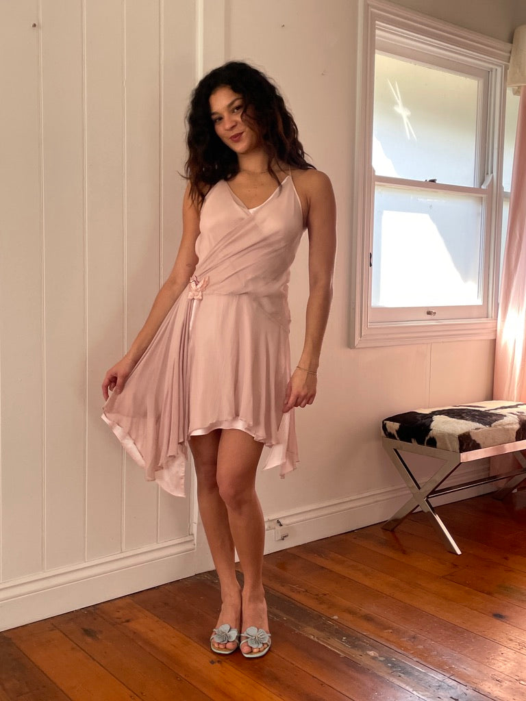 Vintage 90s pink silk bias cut mini dress with beaded butterfly