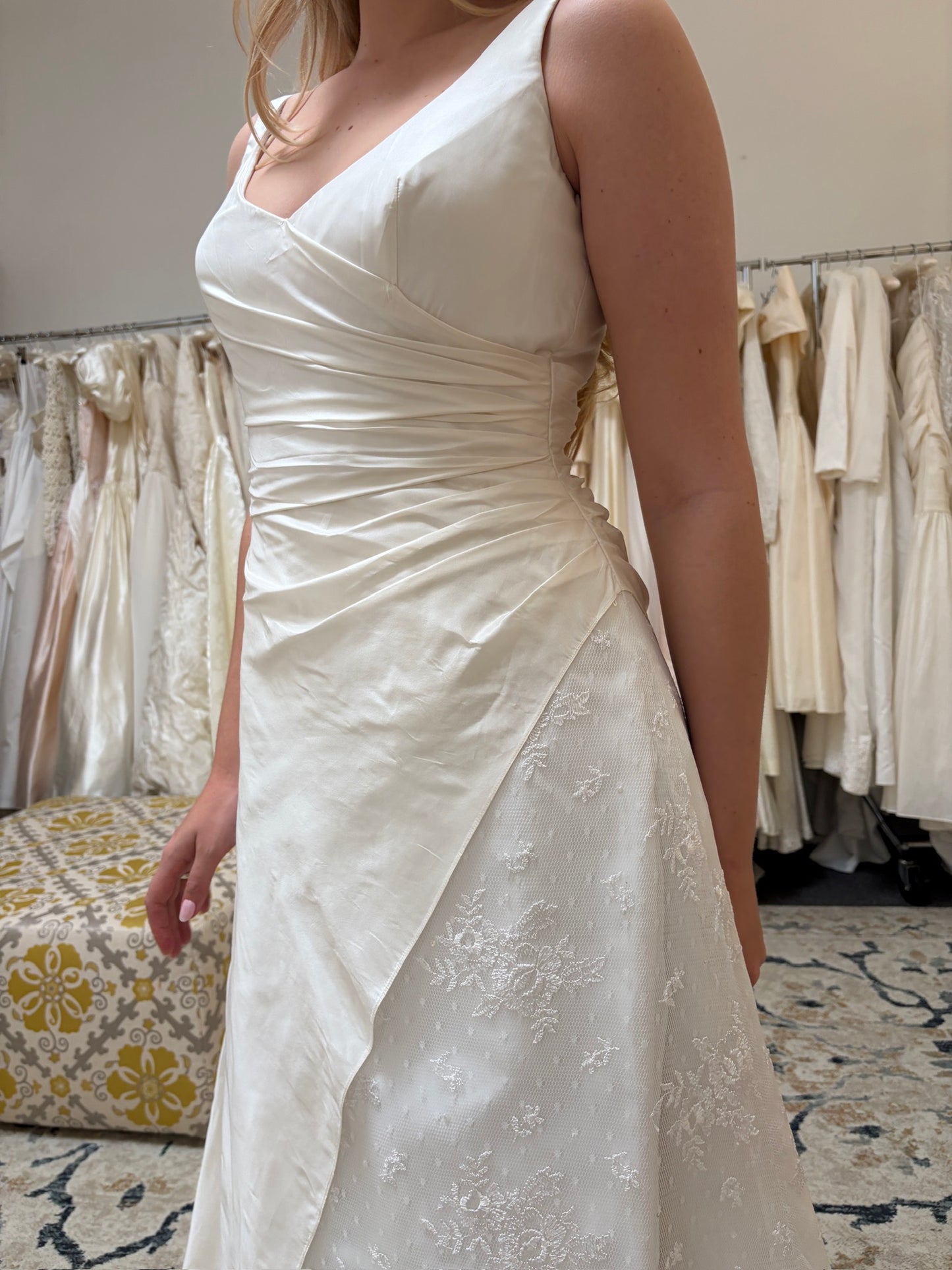 Vintage 00s V-neck draped silk taffeta lace wedding gown with train