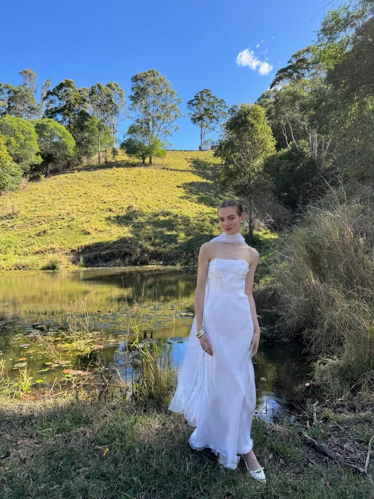 Vintage 90s strapless organza gown with neck scarf