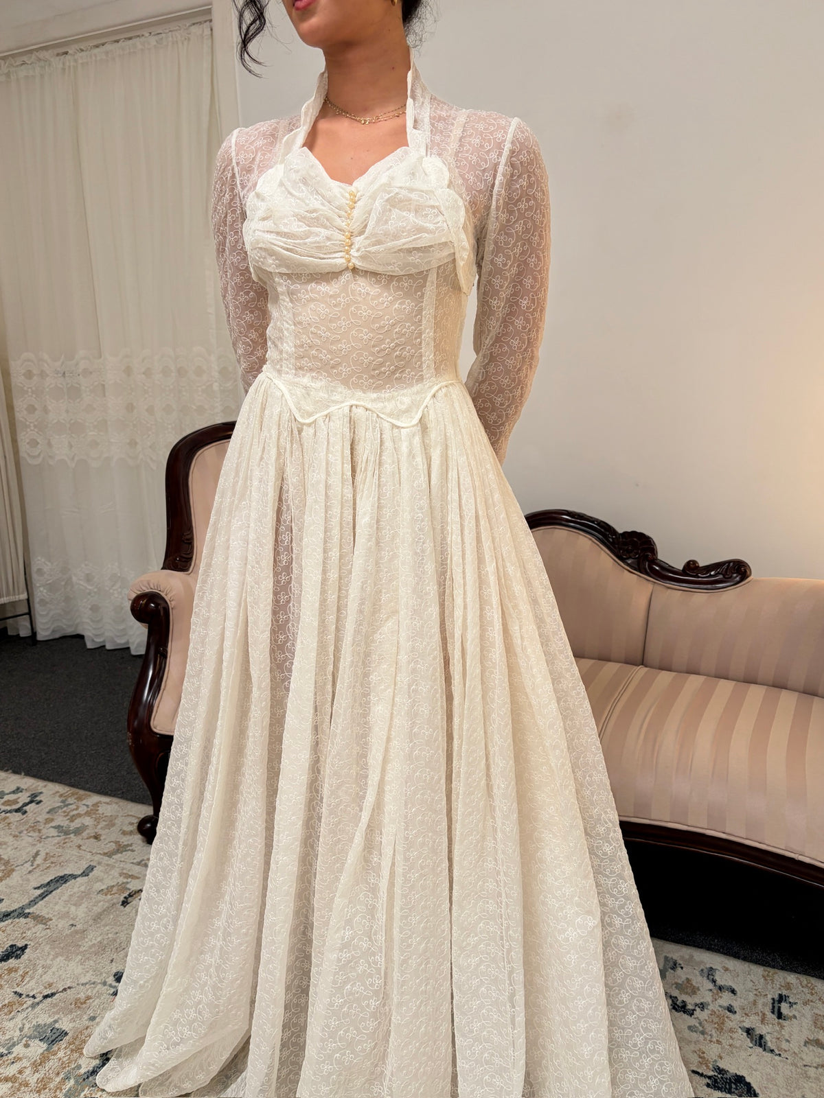 Vintage 60s long sleeve semi sheer lace high neck wedding gown