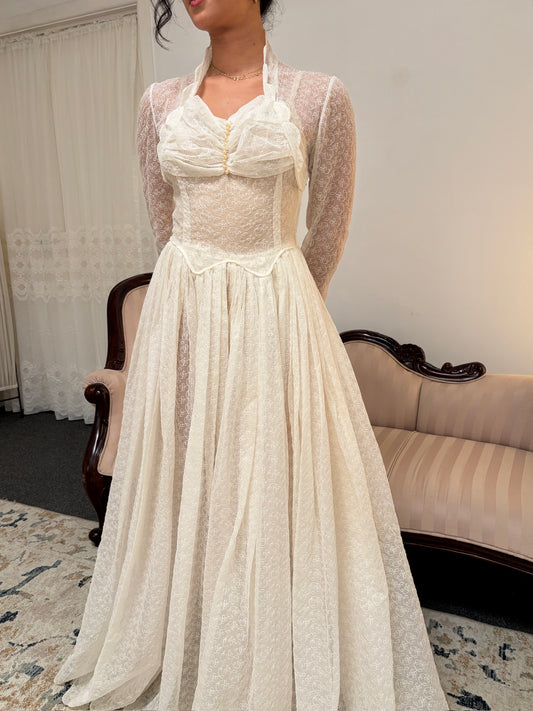 Vintage 60s long sleeve semi sheer lace high neck wedding gown