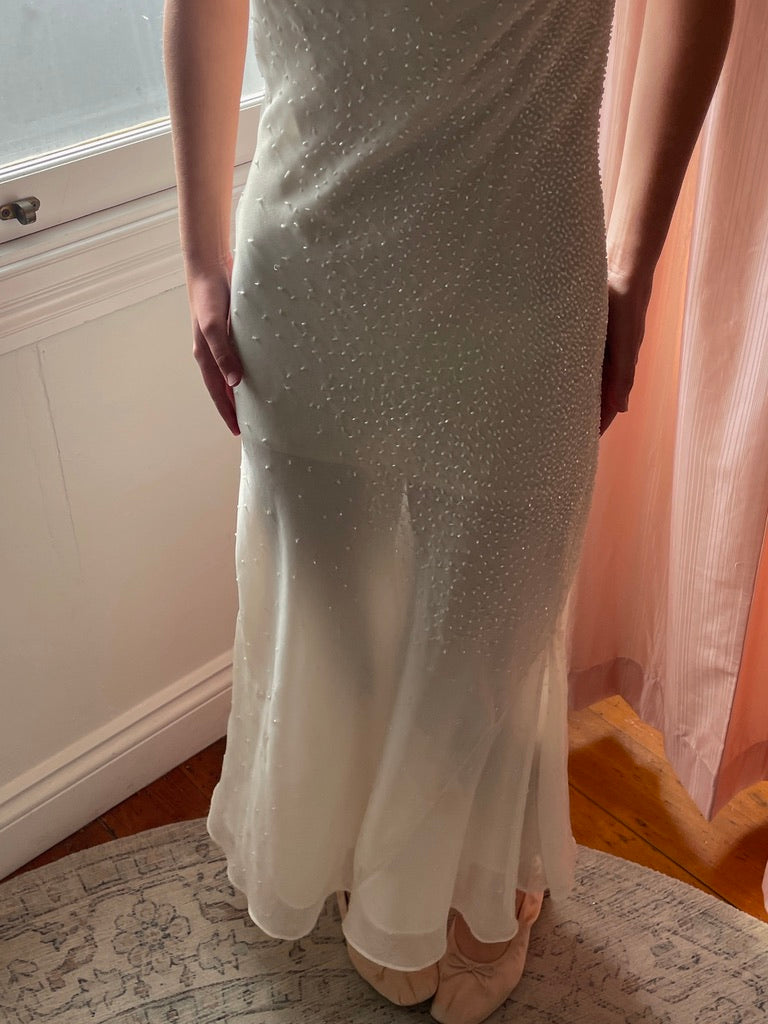 Vintage 90s white silk beaded bias cut slip dress