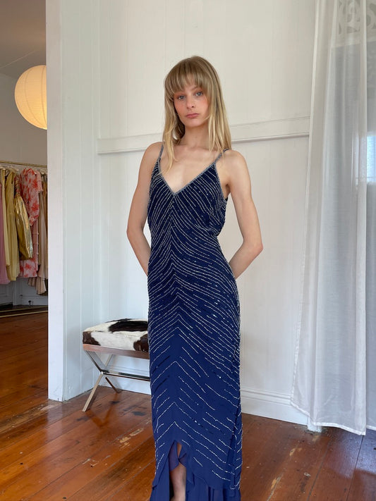 Vintage Y2K Navy beaded slip dress with flirty hem