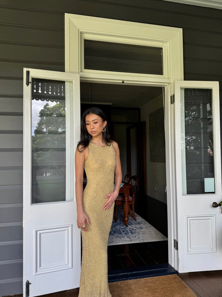 Vintage 90s gold beaded high neck evening dress with open back