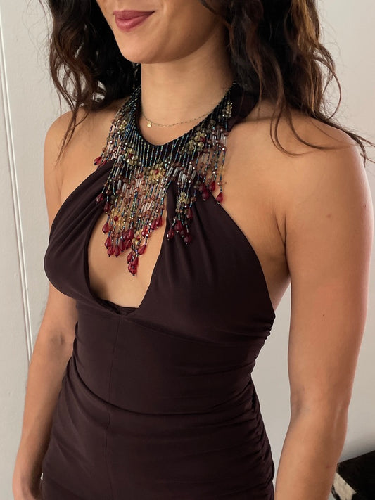 Vintage 90s brown backless mini dress with beaded fringe neckline