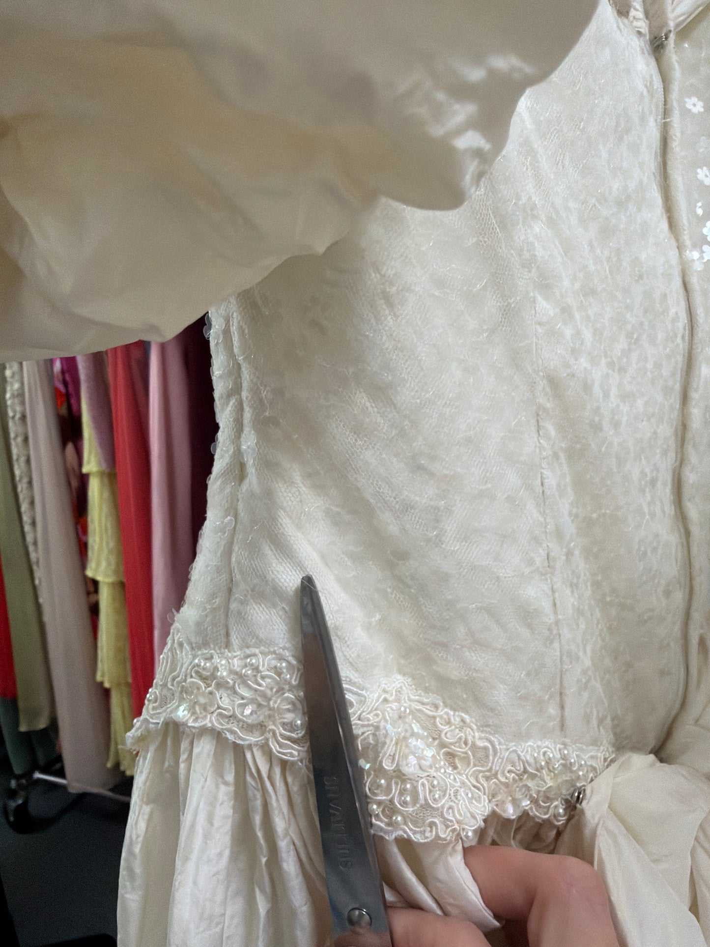 Vintage 80s silk taftetta drop waist princess wedding gown with train