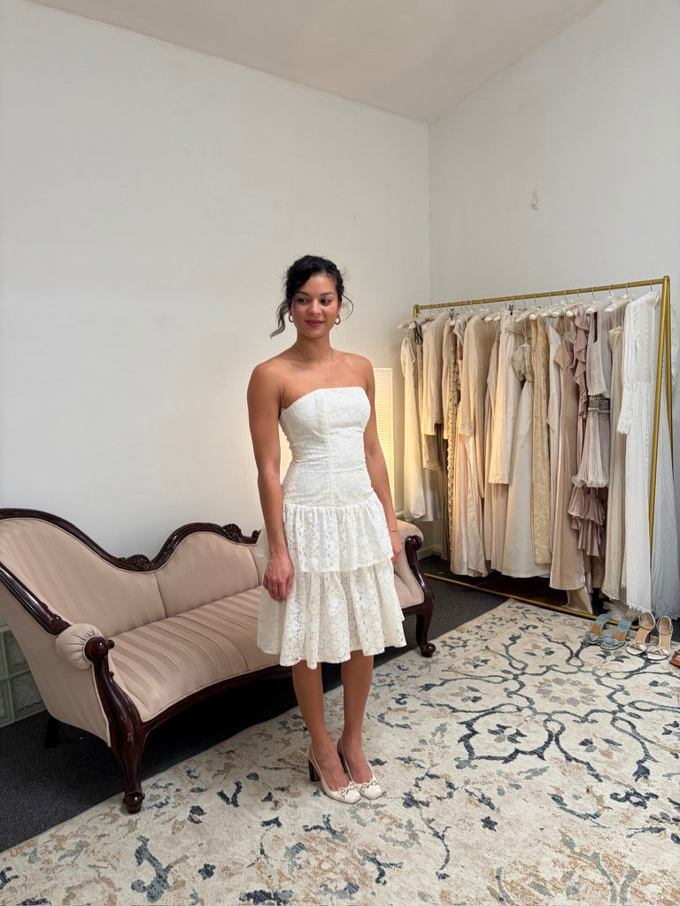 Vintage 80s white lace drop waist strapless mini dress