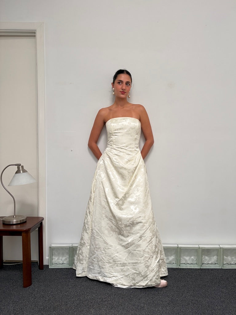 Vintage y2k cream satin strapless brocade wedding gown