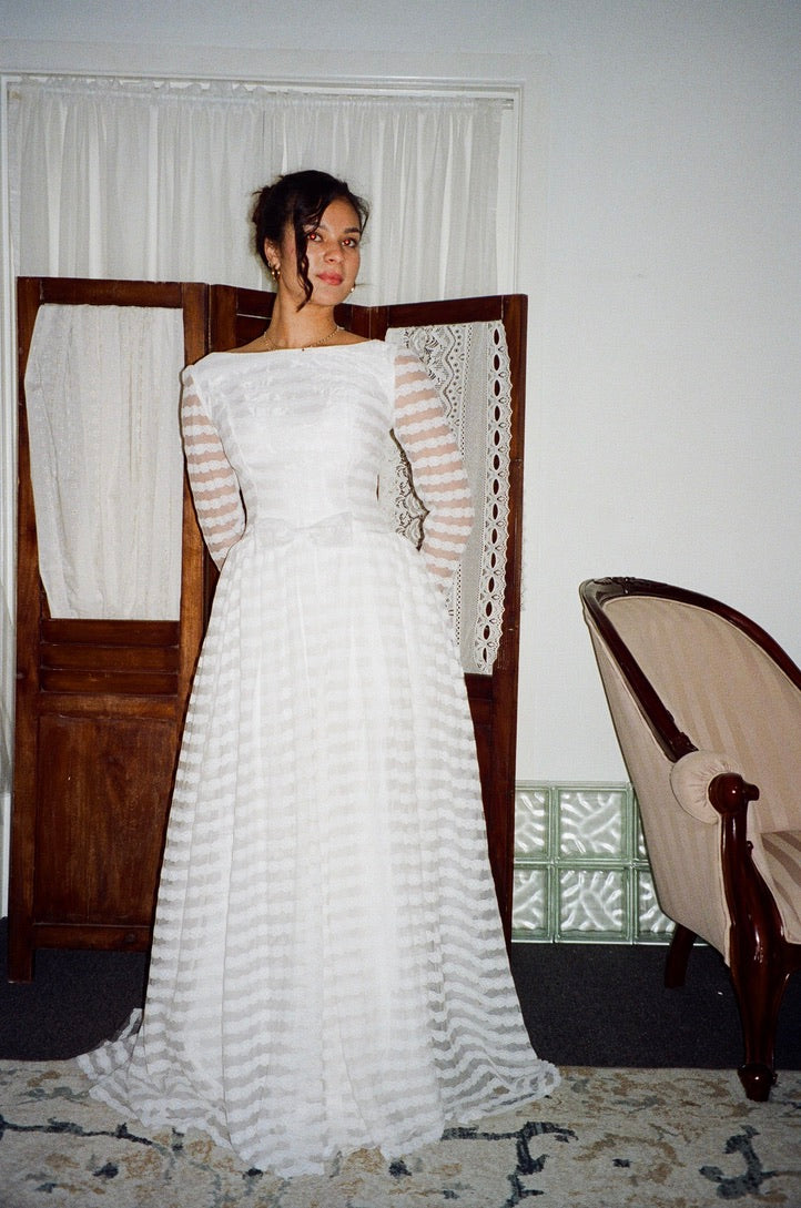 Vintage 60s lace long sleeve striped wedding gown with bows