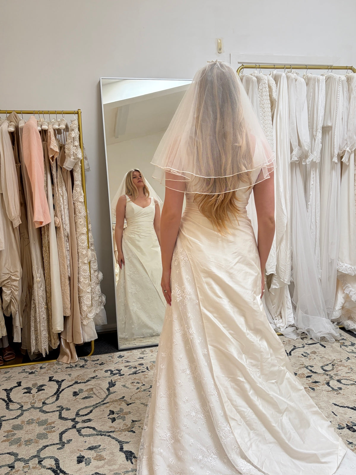 Vintage 00s V-neck draped silk taffeta lace wedding gown with train