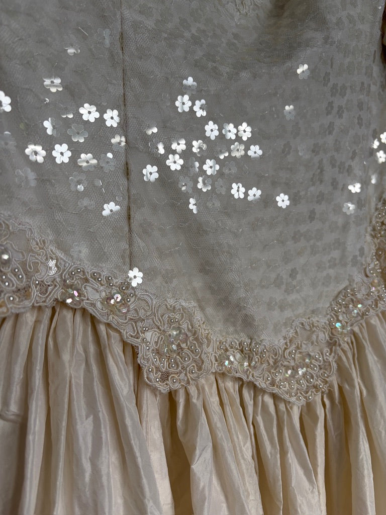 Vintage 80s silk taftetta drop waist princess wedding gown with train