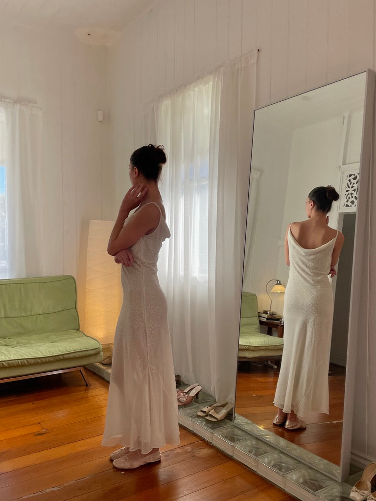 Vintage 90s white silk beaded bias cut slip dress