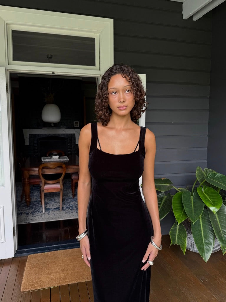 Vintage 90s black velvet maxi with open back and beaded details