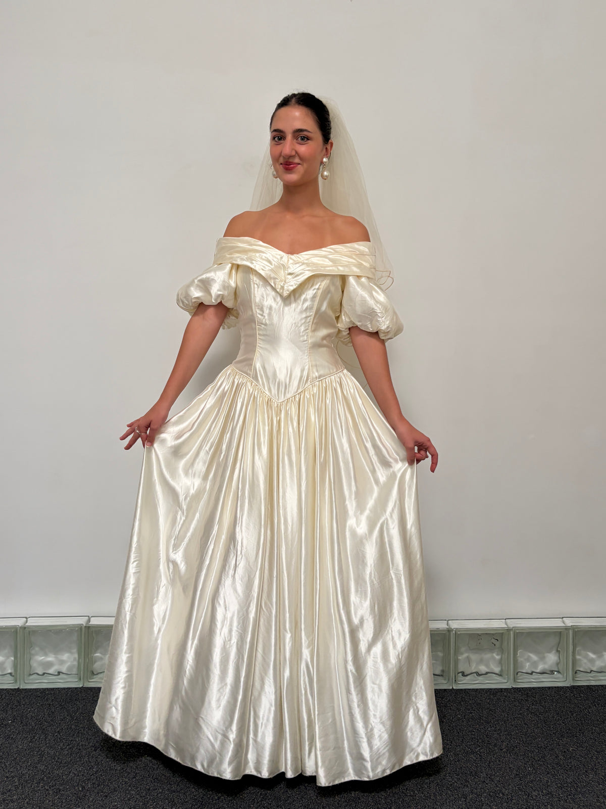 Vintage 90s cream satin basque waist princess wedding dress