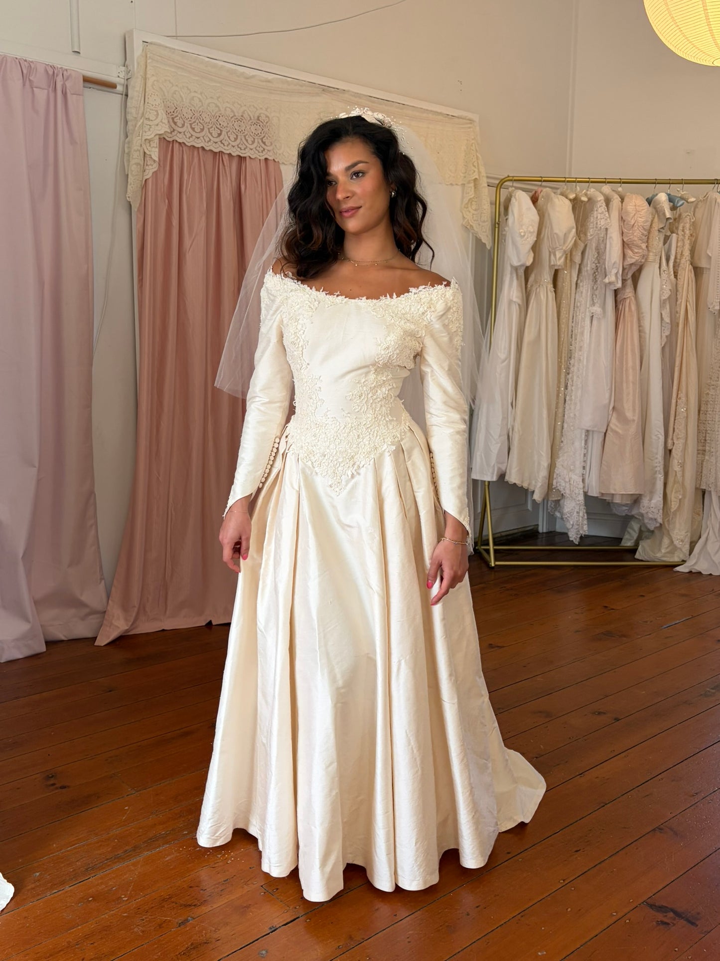 Vintage 1991 Silk dupion lone sleeve wedding gown with matching veil