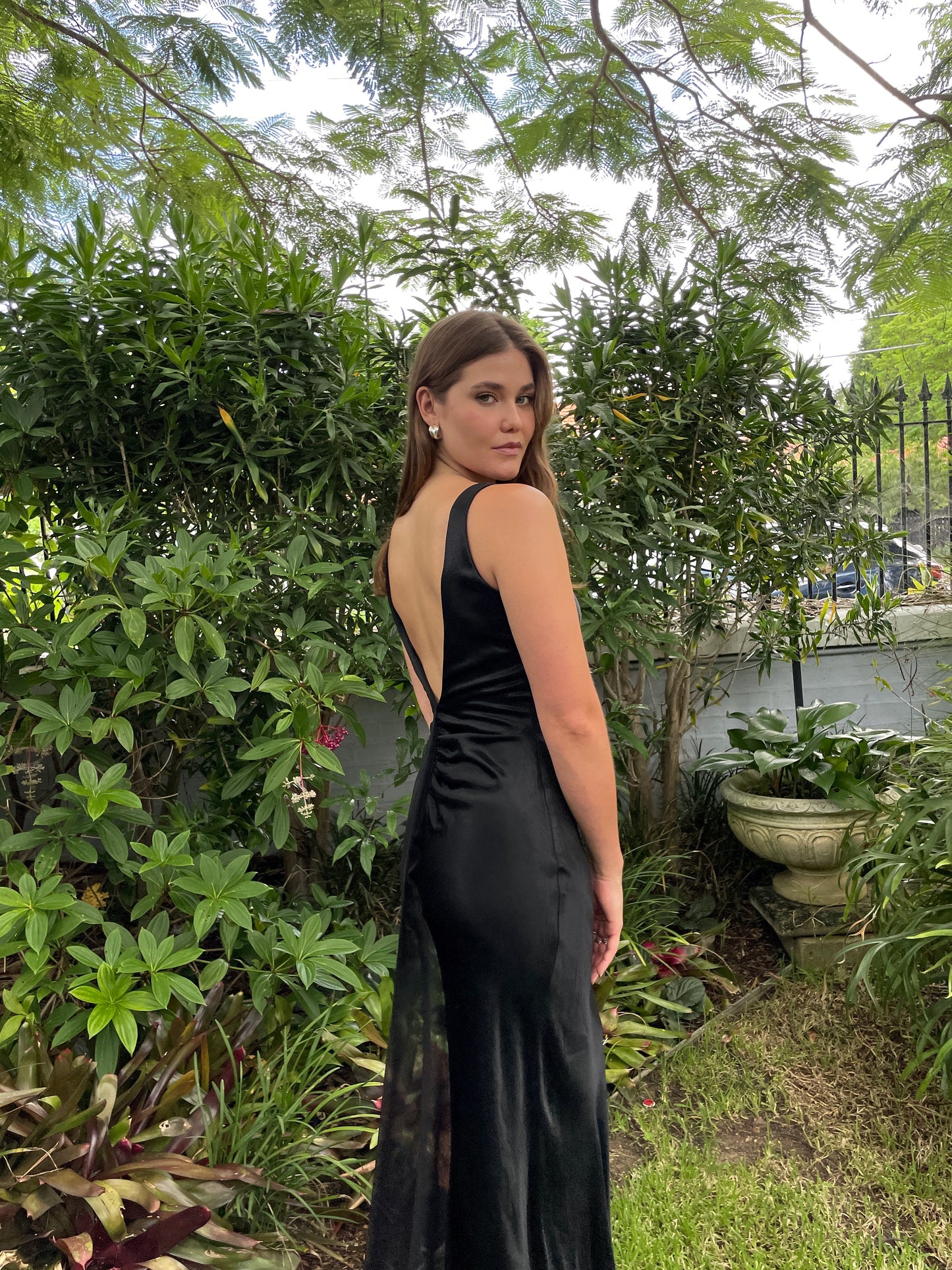 Vintage 80s does 30s black satin open back gown