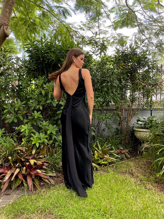 Vintage 80s does 30s black satin open back gown