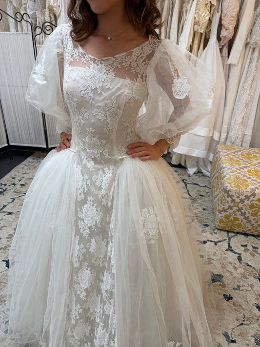 Vintage 80s puff sleeve tulle wedding gown with antique lace