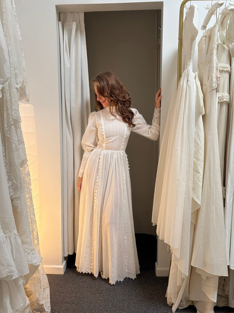 Vintage 70s embroidered cotton voile long sleeve wedding dress with train