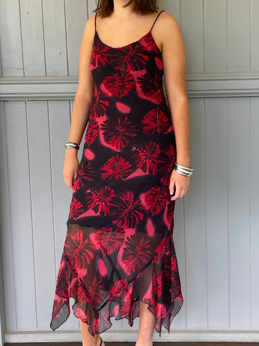 Vintage 90s black and red floral slip dress