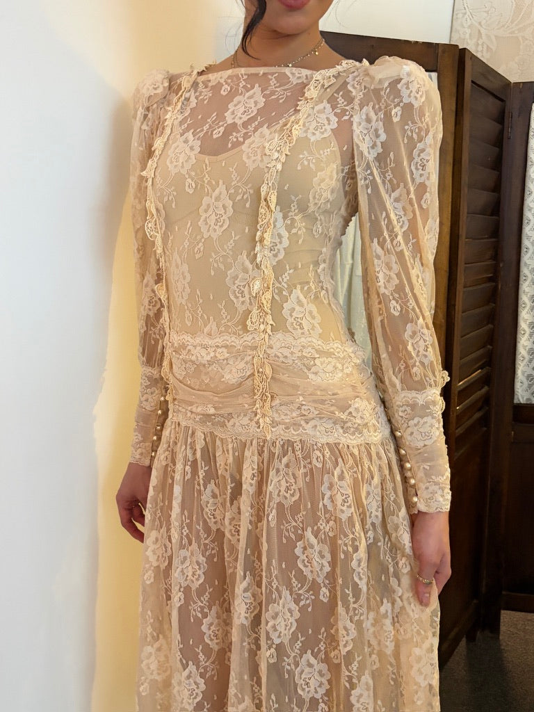Vintage 80s drop waist long sleeve blush lace midi dress