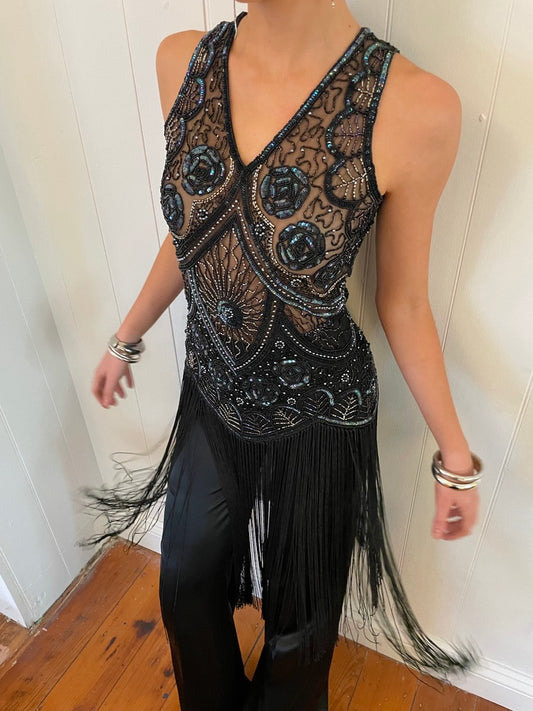 Vintage 90s semi sheer beaded fringed top