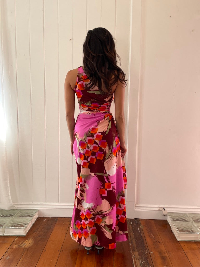 Vintage 70s colourful one shoulder maxi dress with cutout