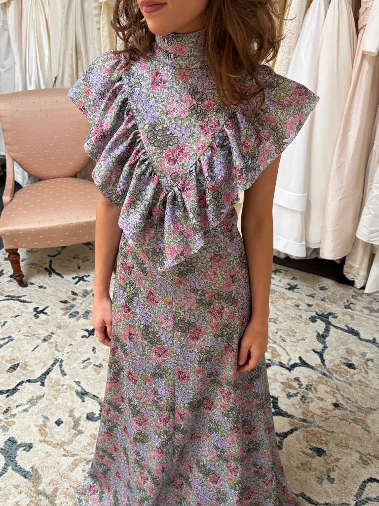 Vintage 70s high neck metallic floral a-line floor length dress