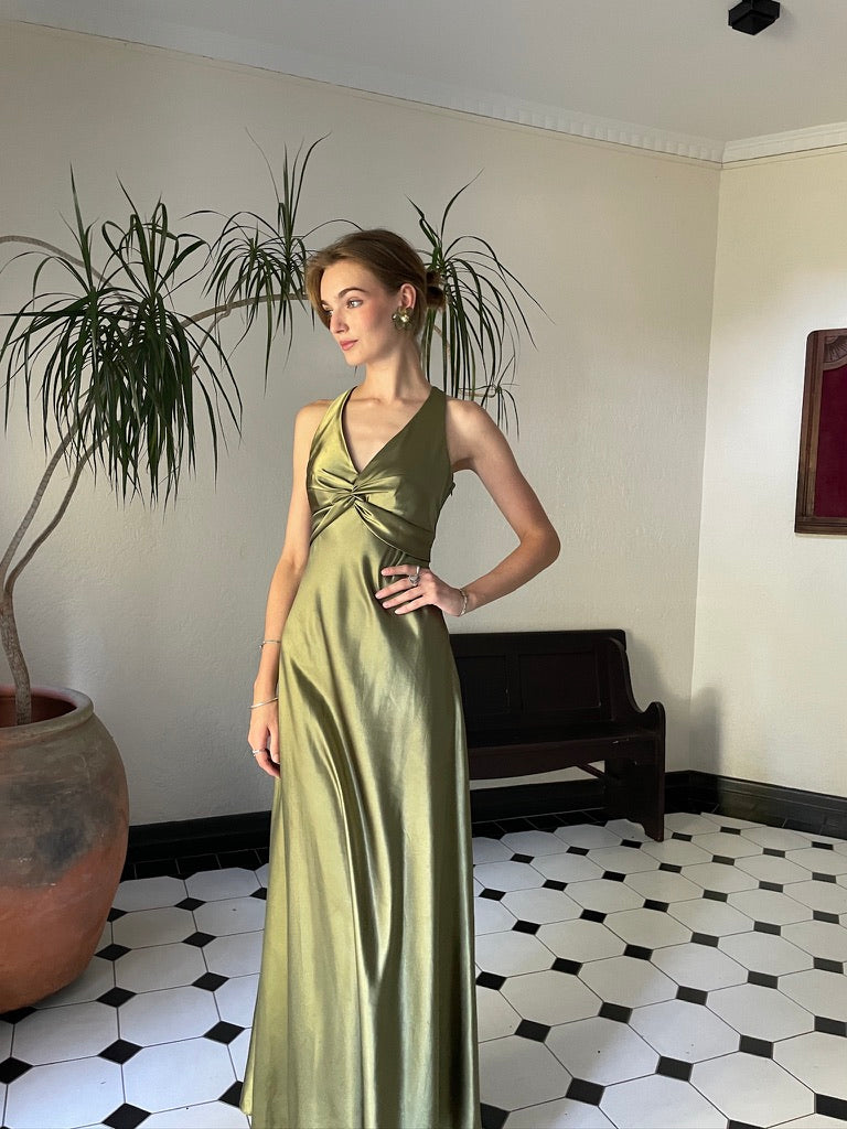Martini Dress - Vintage 90s olive green satin gown with bow
