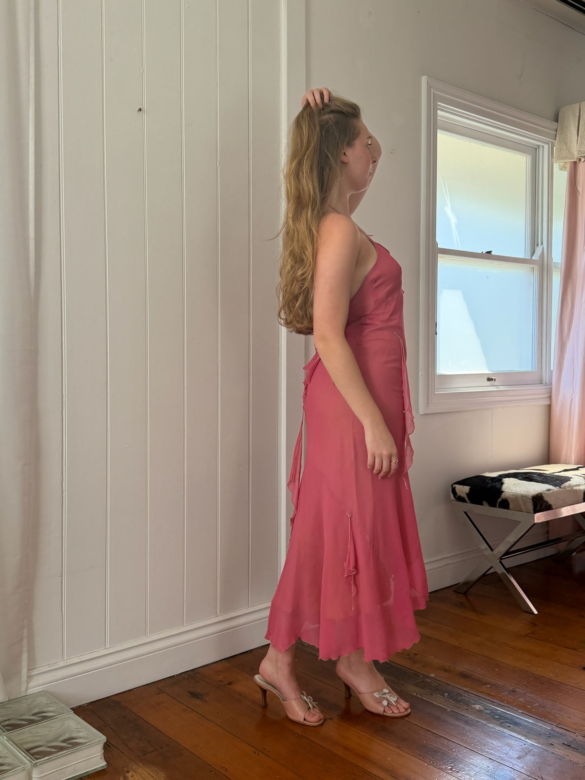 Vintage 1990 Jenny Bannister pink green silk halter maxi dress