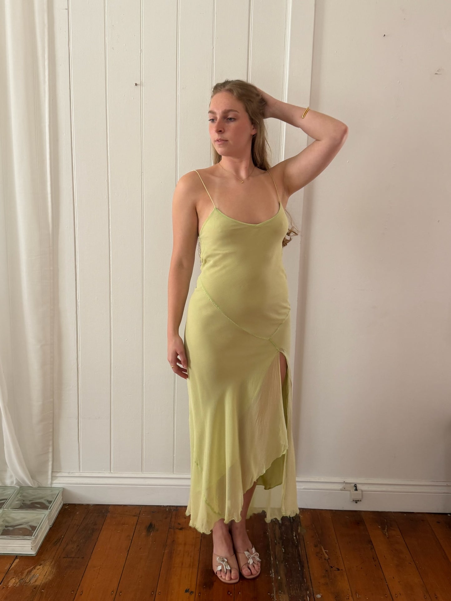Vintage 1990 green asymmetric silk fairy dress with beaded fringing