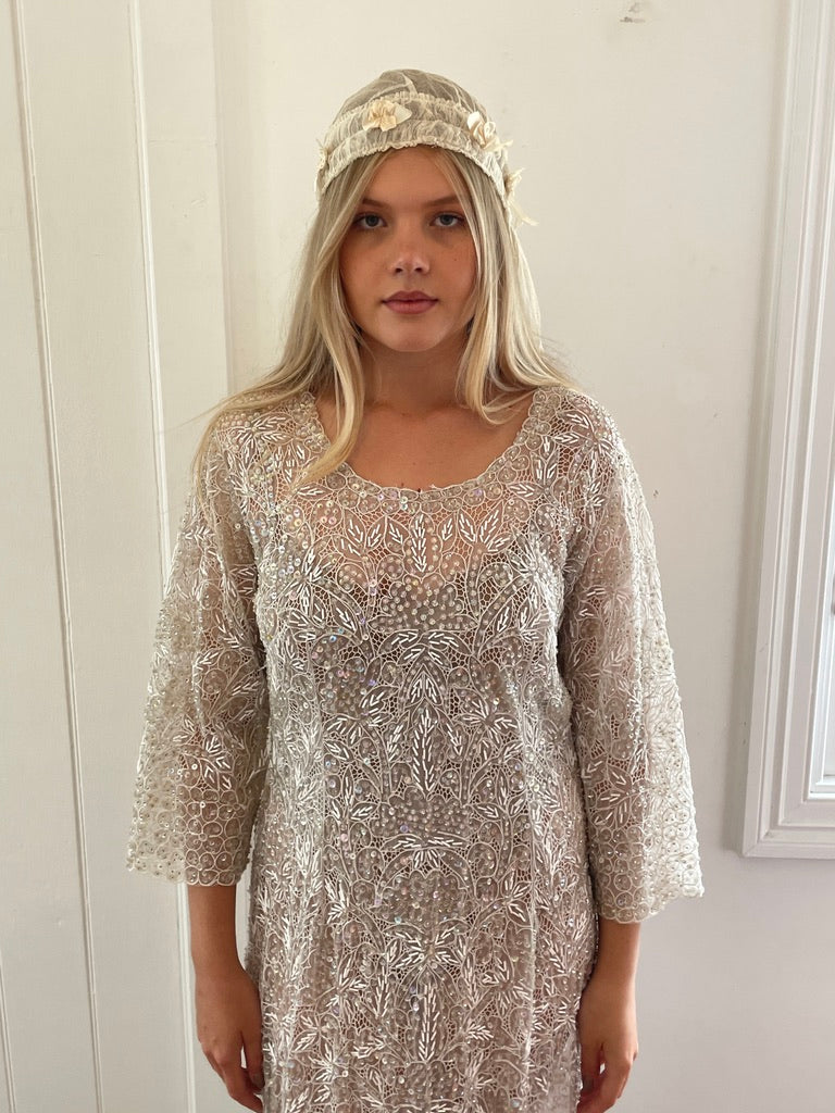 Vintage 60s semi sheer long sleeve beaded sequinned bridal gown
