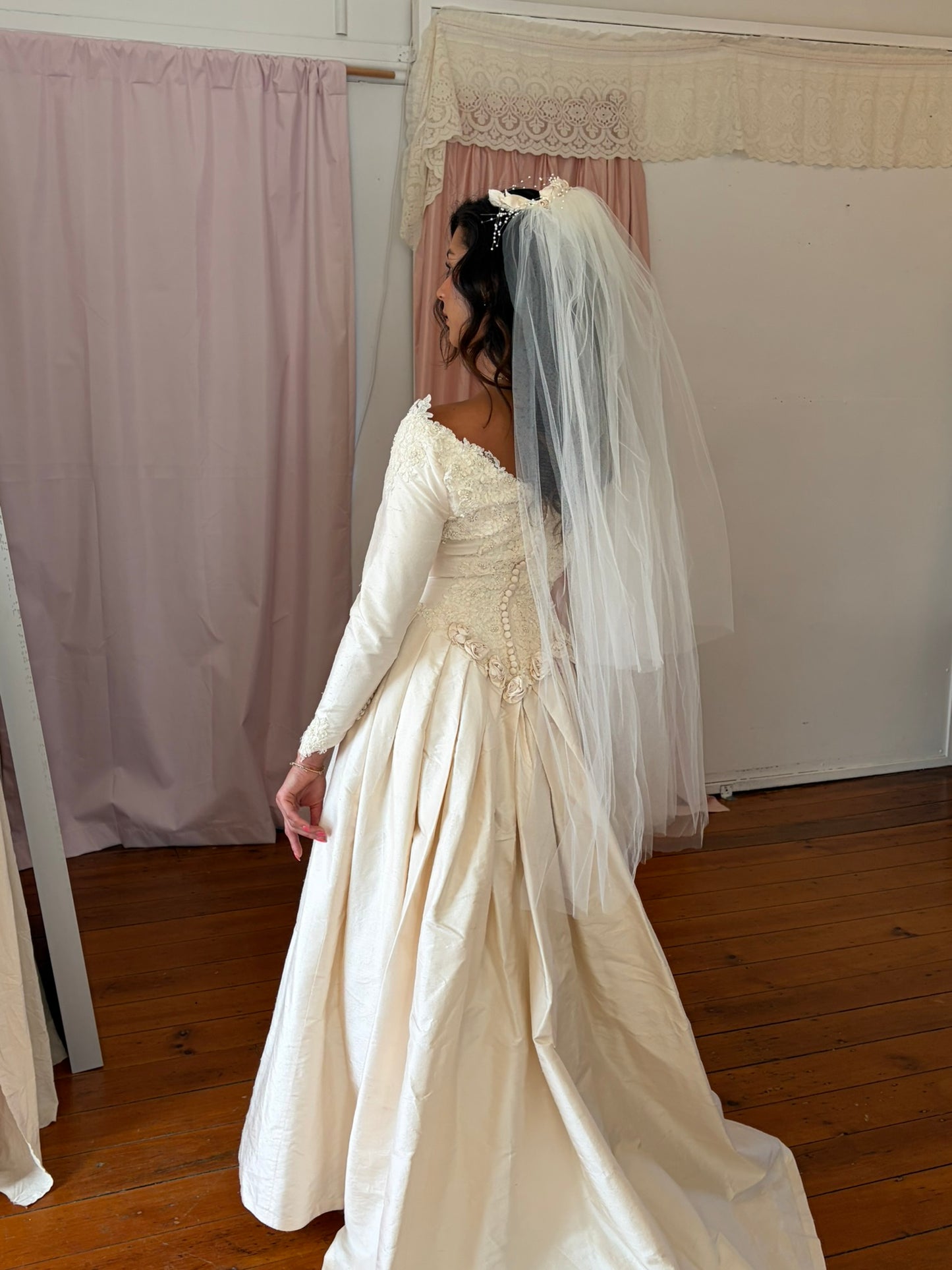 Vintage 1991 Silk dupion lone sleeve wedding gown with matching veil