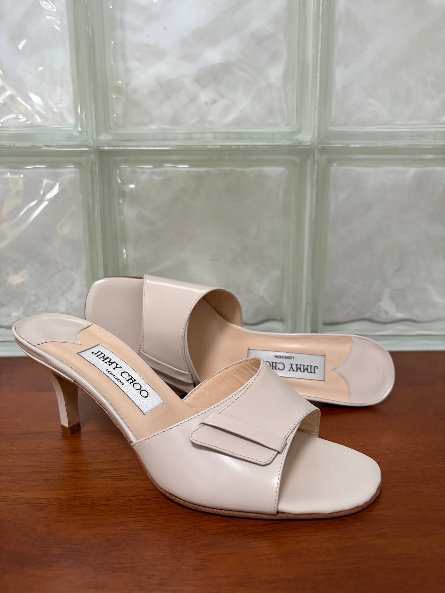 Vintage Jimmy Choo ivory leather open toe mules