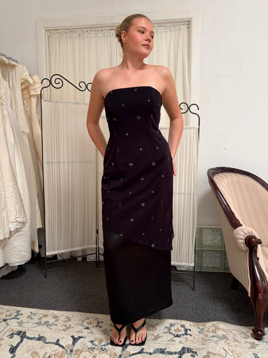 Vintage 90s black strapless evening gown with sheer overlay