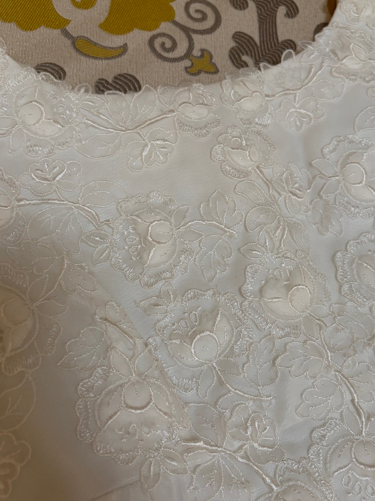 Vintage 60s column wedding dress with floral applique and dramatic train